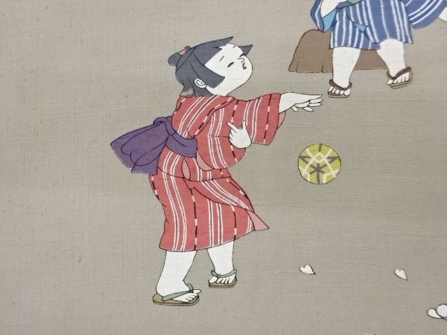  手織り紬手描き童子に毬・花弁模様名古屋帯